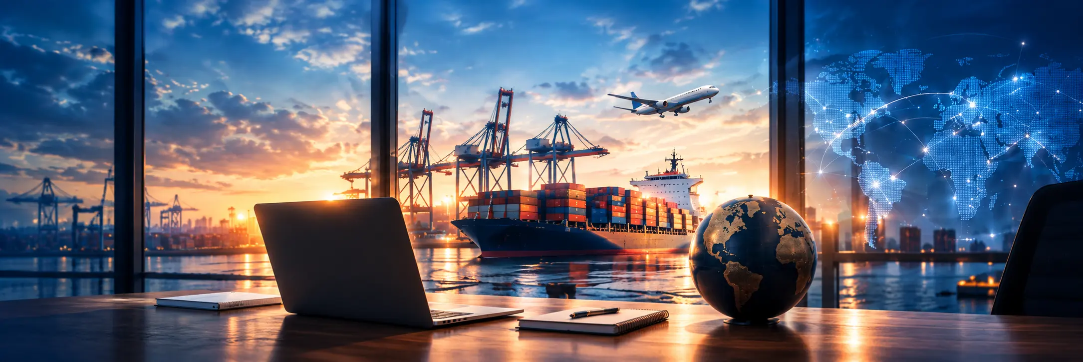 Global Traders office overlooking an international shipping port